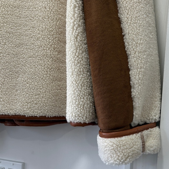 LOFT Ivory Cream Sherpa & Brown Faux Suede Moto Zip Jacket Coat Size Medium - Picture 13 of 15